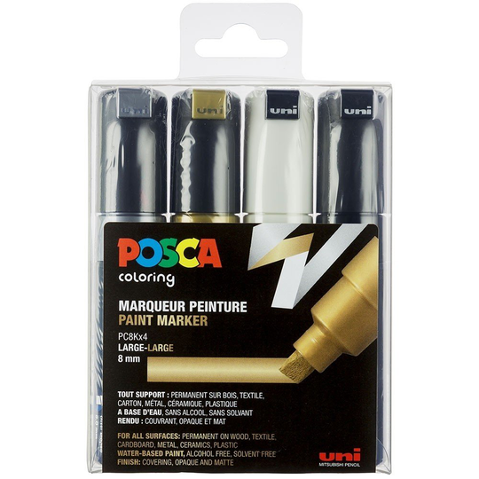 Posca PC8K Broad Tip Pen Gold Silver Black & White 4 pc